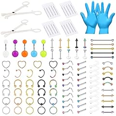 NIUSIMAN 113 Stück Piercing Set Chirurgenstahl mit Klemmhandschuhen Körperpiercing Werkzeugset für Bauchnabel Zunge Brustwarze Augenbraue Lippe Septum Nase Ohr Piercing-Farbmischung