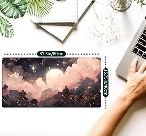 Pink Black Clouds Desk Mat XXL Large Extended Gaming Mouse Pad Celestial Mousepad with Stitched Edges, Office Desktop Decor Desk Pad Computer Mat, Laptop Keyboard and Mouse Mat, 31.5x15.75 in - Image 3