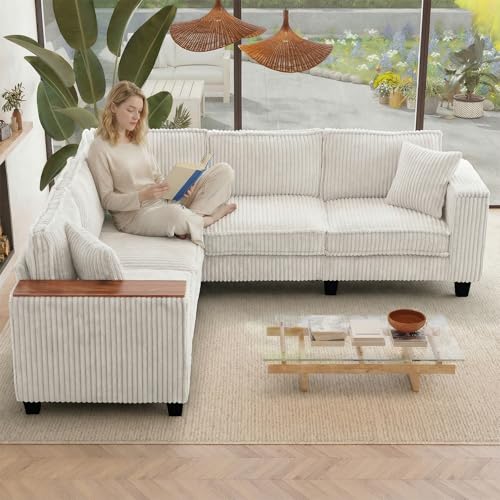 Image of 97 Inches Corduroy Couch with 2 Pillows Deep Seat Sectional Sofa Armrests with Two Hidden Storage Space Corner Couch Oversized L Shaped Cloud Couches for Living Room Beige
