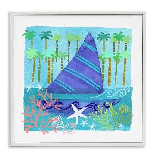 'Funky Sailboat Coastal Layered Palm Trees'| Framed Giclee Art