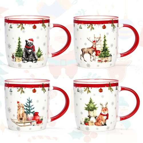 Joymaking Christmas Mugs Set of 4 with Festival Design, Merry Christmas Coffee Mugs for Family Friends, Christmas Mugs Gifts with Reindeer, 11 Oz