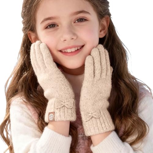 Generisch Guanti invernali per bambini, invernali, touchscreen, elastici, caldi, per il freddo, con fodera in pile, da donna, con motivo a treccia, O kaki, Taglia unica