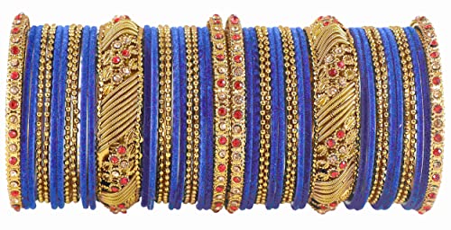 Image of NMII Metal with Zircon Gemstone and Beads Studded Ball Chain Linked Glossy Finished Velvet Bangles Chuda set for Women and Girls