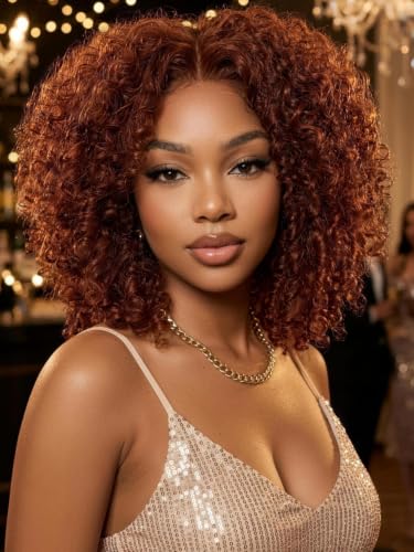 Image of KLAIYI Reddish Brown Afro Kinky Curly Glueless Precut 7x5HD Lace Front Wigs Human Hair Bye Bye Knots Pre Plucked Bleached Pre Everything 3S Ready to Wear and Go Beginner Wig with Baby Hair 180% 16Inch