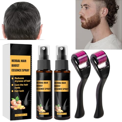 Tkekruh Hair Regrowth Spray 30ml 2PCS, Hair Regrowth Roller y Extra Strength Hair Growth Serum Spray, Hair Growth Essence para Hombres y Mujeres, Promueve el Crecimiento de Barba y Cabello