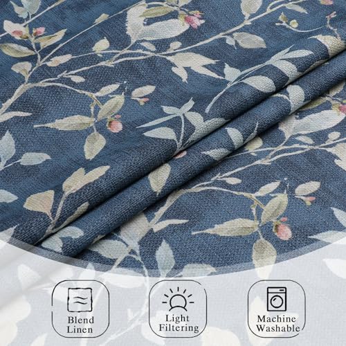 Image of Chyhomenyc Light Filtering 84 Inch Window Curtains - Linen Blend Floral Printed Curtains Drapes for Living Room, Soft Farmhouse Curtain for Bedroom, 52Wx84L Inch, 2 Panels, Blue