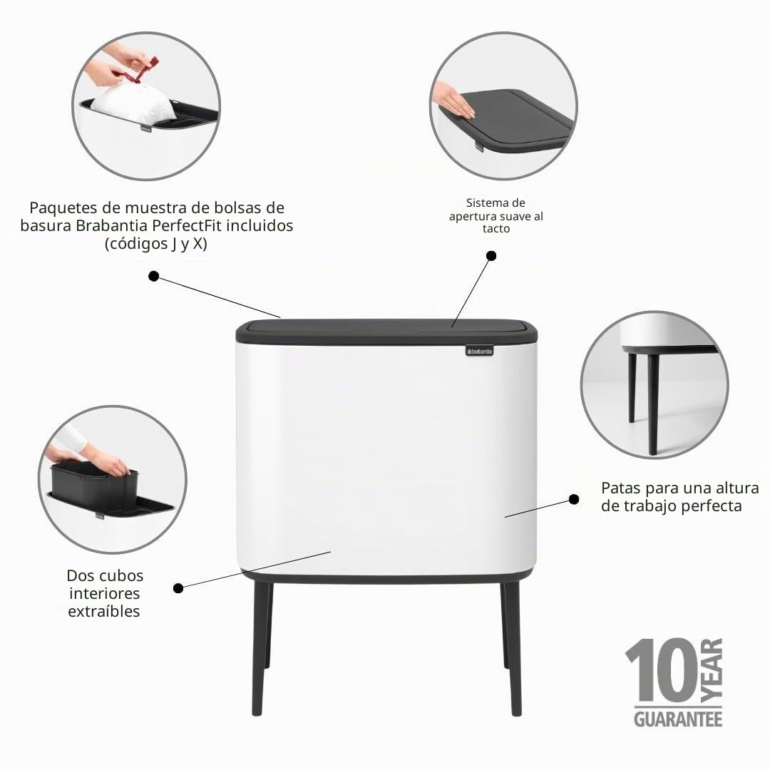 Brabantia Bo Touch Bin Cubo de Basura, Acero Inoxidable, Blanco, 11 + 23 litros