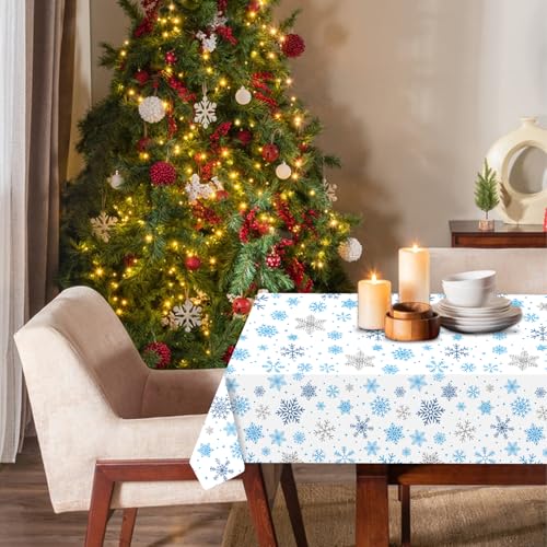 Image of Gistome 3-Piece 54 x 108 Inch Snowflake Plastic Tablecloth - Blue and White Christmas Holiday Disposable Table Cover for Winter Parties, Xmas Dinners, and Indoor Outdoor Decorations