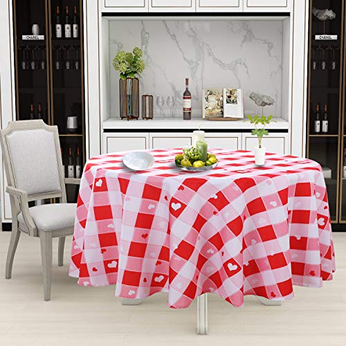 SARAFLORA Valentine\'s Day Checkered Fabric Round Table Cloth, Polyester Heart Pattern Tablecloth, Table Cover Protector for Holiday, Party, Wedding, Banquet Decoration Use, 60 Inch, Red & White