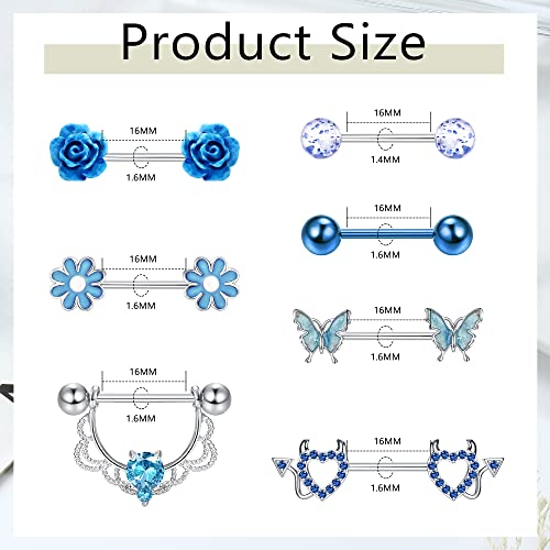 JeryWe 7 Pairs 14G Nipple Rings for Women 316L Stainless Steel Heart Butterfly CZ Flower Barbell Nipple Rings Set Cute Nipplerings Piercing Jewelry2
