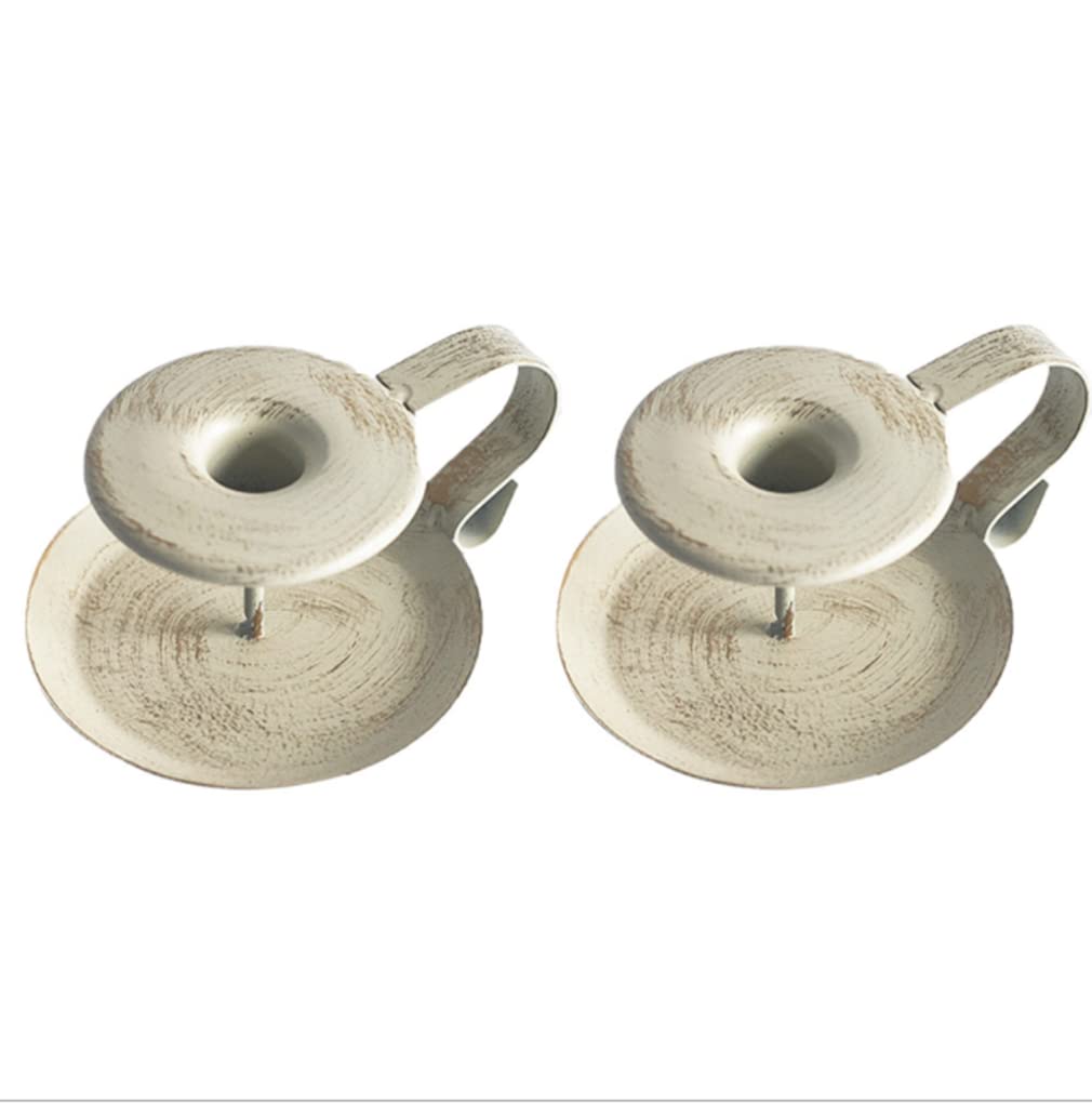 Zi Yang Set of 2 Vintage Candle holder with handle metal Candlesticks Decoration 10.5 x 6cm gift Candle plate for Table decoration Halloween wedding bath kitchen balcony decoration White