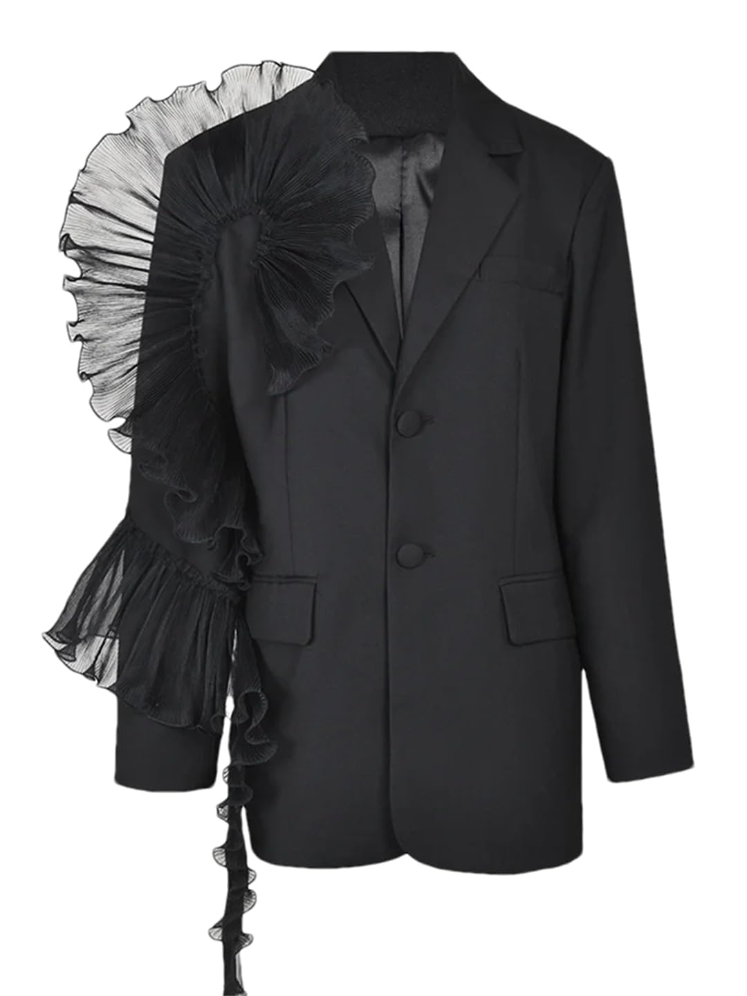 Women Black Organza Ruffles Blazer Lapel Long Sleeve Loose Fit Jacket Spring Autumn 2025