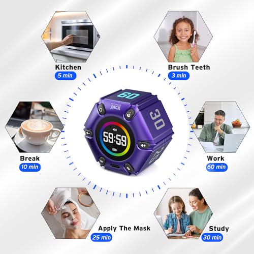 Image of Printers Jack, Productivity Cube Timer, Visual Pomodoro Timer, Mute & Vibration & Adjustable Sound Alert, ADHD, for Office, Study, Work, 3 /5 /10 /25 /30 /60min & Custom Countdown - Purple