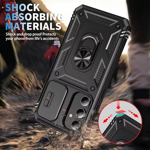 Image of Scalebee Back Cover for Samsung Galaxy S24 5G Heavy Duty Armor Slide Camera Cover Built-in Rotated Ring Kickstand Rugged (Black)