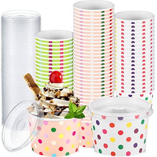 Yungyan 150 Pcs 8 oz Ice Cream Cups with Lids Disposable Paper Snack Bowls with Lids Dessert Cups Bowls Containers for Cold or Hot Food Polka Dots Summer Party Supplies(Green White Pink)