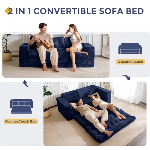 Image of MAXYOYO Convertible Sofa Bed, Pull Out Oversized Loveseat Sofa Couch, 2 in 1 Folding Couch Bed, Fold Out Floor Couch with Pillows for Living Room Bedroom Lounge, Navy