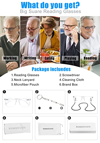 Image of Oversized 3.50 Reading Glasses Men Large Square Readers Fashion Light Reader 1.0 1.25 1.5 1.75 2.0 2.25 2.5 2.75 3.0 3.5 Mens Clear 350 WEMOOTANTS
