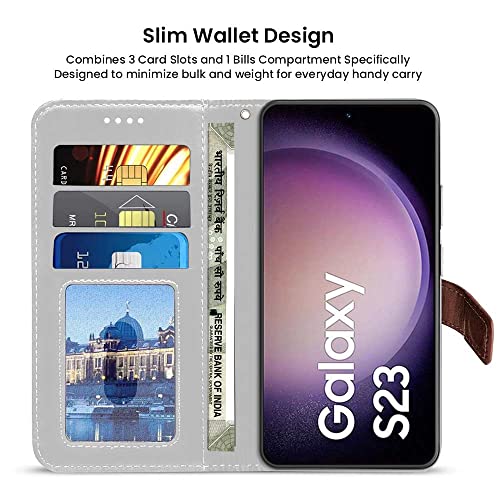 Image of FLIPPED Vegan Leather Flip Case Back Cover for Samsung Galaxy S23 5G (Flexible, Shock Proof | Hand Stitched Leather Finish | Card Pockets Wallet & Stand | Brown with Coffee)
