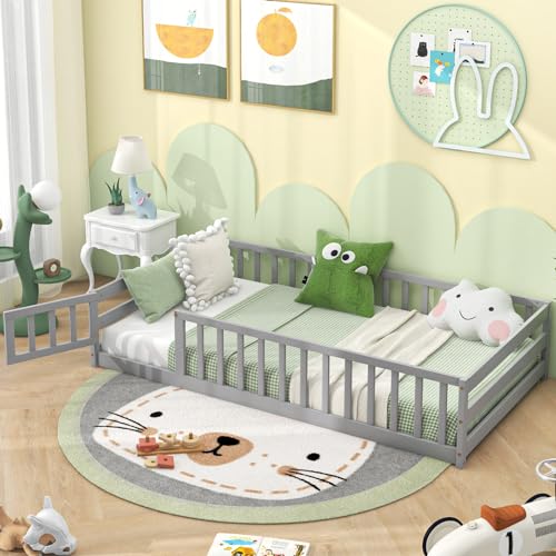 Giantex Twin Floor Bed with Door & Fence, Kids Wood Montessori Beds with Safety Guardrails, Floor...