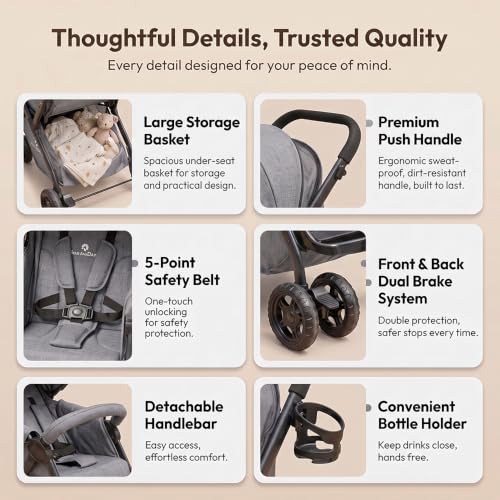 Image of StarAndDaisy Foldable Stroller for Baby 0-3 Years Infant & Toddler / Travel Pram for Baby with Adjustable Canopy & Footrest with Lockable Wheels, Multi-Level Recline , Removable Tray , Safety Harness Belt (Grey)