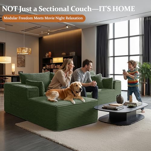 Image of 108 inch Cloud Sectional Couch, Comfort L Shaped Boneless Couch for Living Room, Extra Deep Seats No Assembly, Minimalist Modular Sofa, Corduroy (Olive Green, 2 Seater+Right Facing Chaise)