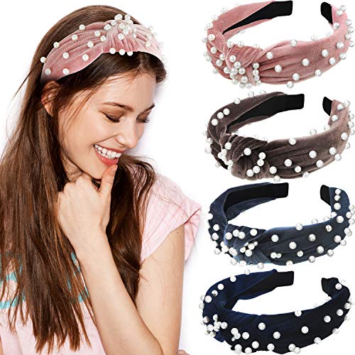 4 Pieces Velvet Knot Faux Pearl Headband Cross Knot Beading Hair Bands Twisted Artificial Pearl Velvet Headbands for Women Girls Accessories