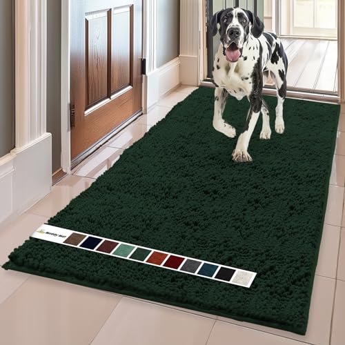 Muddy Mat® AS-SEEN-ON-TV Highly Absorbent Microfiber Dog Door Mat and Pet Rug, Non Slip Thick Washable Area and Bath Mat Soft Chenille for Kitchen Bathroom Bedroom and Indoor - Dark Green XL 59"X35"