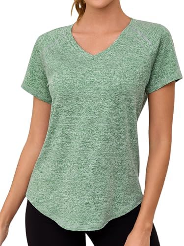 Gyabnw Damen Sport Fitness T-Shirt Kurzarm V-Ausschnitt Atmungsaktiv Funktionsshirt Leichtes Sport Oberteile Damen Top Für Fitness