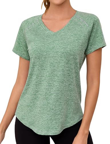 Gyabnw Camiseta Deportiva Mujer de Manga Corta Camisetas de Cuello en V Mujer Ropa Deporte Secado Rápido Yoga Fitness Running Top Entrenamiento Atlético