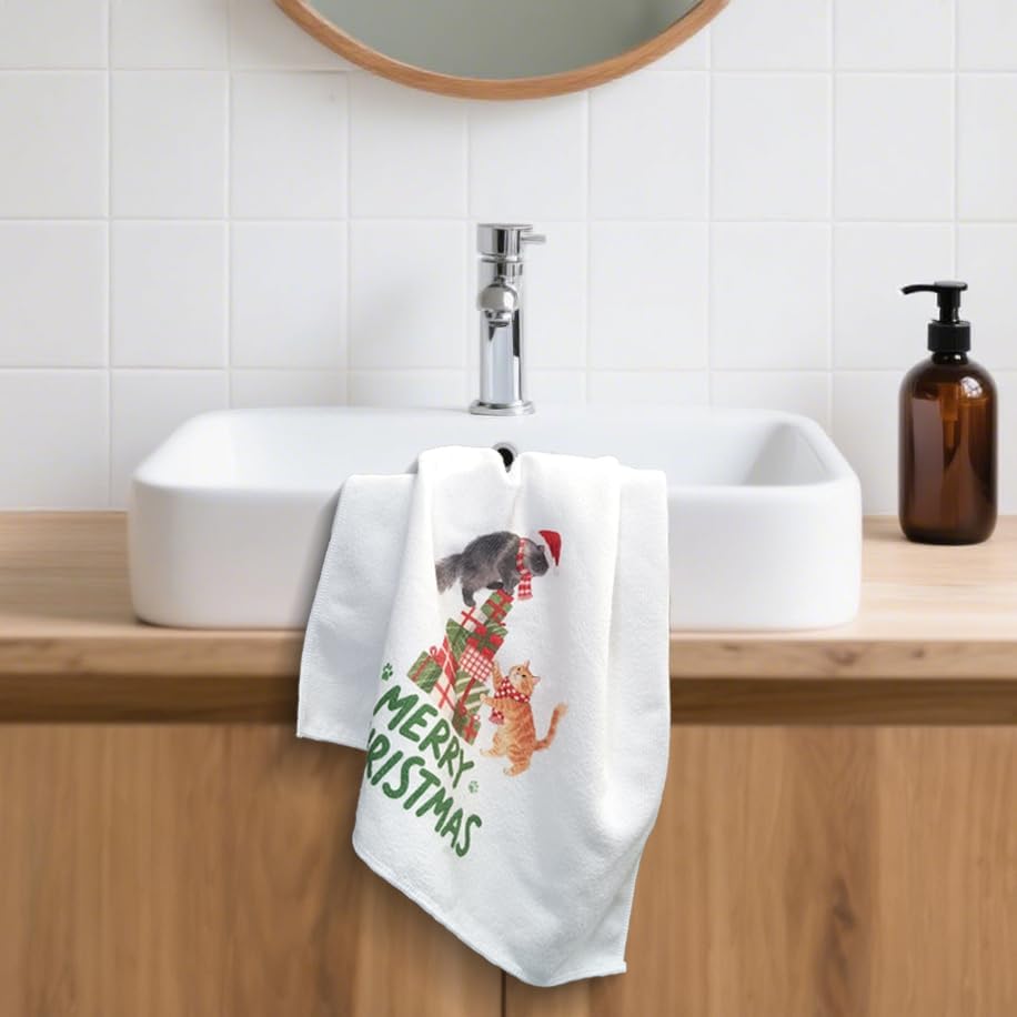 Merry Christmas Kitchen Towels Dish Towels, 17x27 Inch Daily Seasonal Winter Decoration Funny Hand Towels Set of 2,Cute Cat Farmhouse Decor(Cat) - Image 4