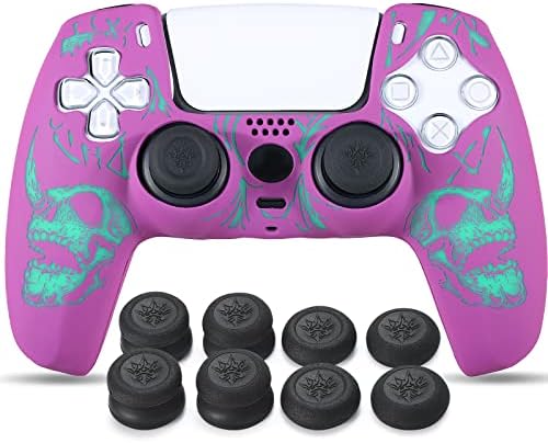 YoRHa Laser Carving Silicone Skin for PS5 Dualsense Controller x 1(White) with Pro Thumb Grips x 8