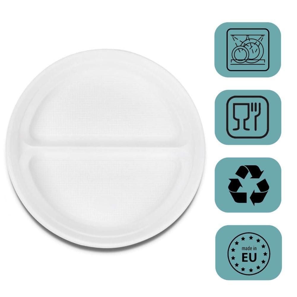 RAGO® Set Piatti Plastica Rigida Lavabili 100 pezzi - 2- divisibile I Piatti in plastica riutilizzabili I Ø 22 cm I Piatti Bianchi dura Lavabili I Piatti per feste, Stoviglie in plastica