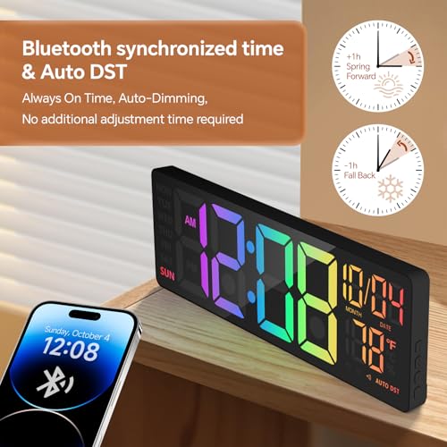 YISILE 16 Inch RGB LED Digital Wall Clock - 8 Color Display, 6 Night Light Modes, Bluetooth Auto Time Sync, Sound Wake-Up, Dual Alarm, Auto DST, Remote Dimmer for Bedroom, Living Room & Gaming Room - Image 4