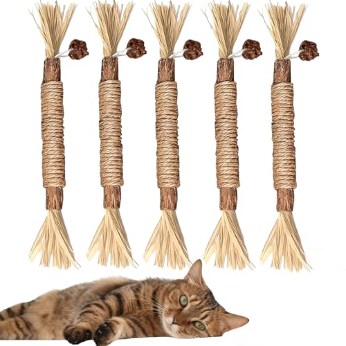 LauCentral 5 PCS Natural Matatabi Silvervine Chew Sticks Natural Dental Interactive Catnip Toys for Indoor Cats & Kittens Suitable for Teething and Stress Relief