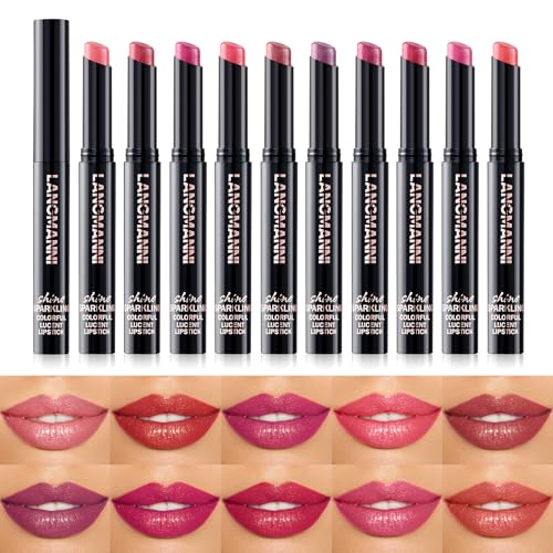LANGMANNI 10 Farben Glitzer-Lippenstift Set mit Schrägspitze | Diamant-Finish & Lang anhaltender Glanz | Seidige Glow Lippenstifte in Premium-Geschenkbox für Damen