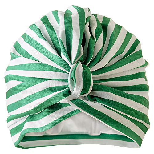 Dilly Daydream Stripey Green Shower Turban - Lycra Shower Cap - British Made - Waterproof Lining - Flattering Design - Easy To Slip On And Off