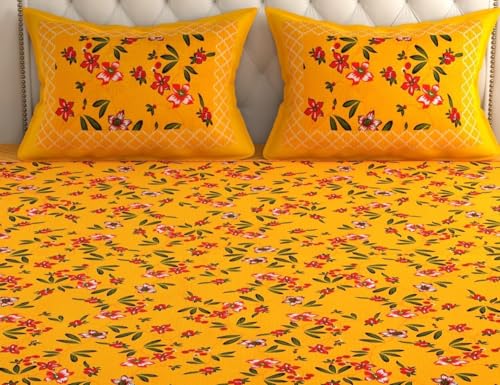 Image of KOUNDAL Rajasthani Jaipuri Sanganeri Printed 144 TC 100% Cotton Bed Sheet Set for Double Bed,Floral Print, Double Bedsheet Cotton with 2 Pillow Covers (Yellow, King)