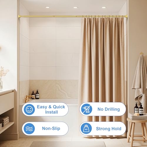 Image of Shower Curtain Rod 45-77 Inch Gold Shower Rod Tension Rod Adjustable Curtain Rod No Drilling Tension Curtain Rod Shower Rods for Bathroom Tension Shower Curtain Rod