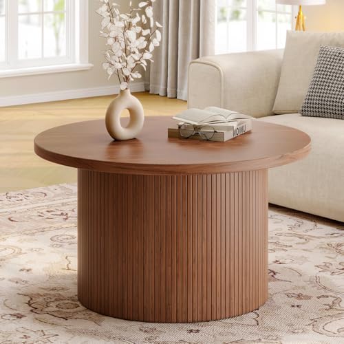 Image of Wooden Coffee Table for Living Room | Modern Fluted Drum Center Table with Wood Grain Finish | Walnut Brown
