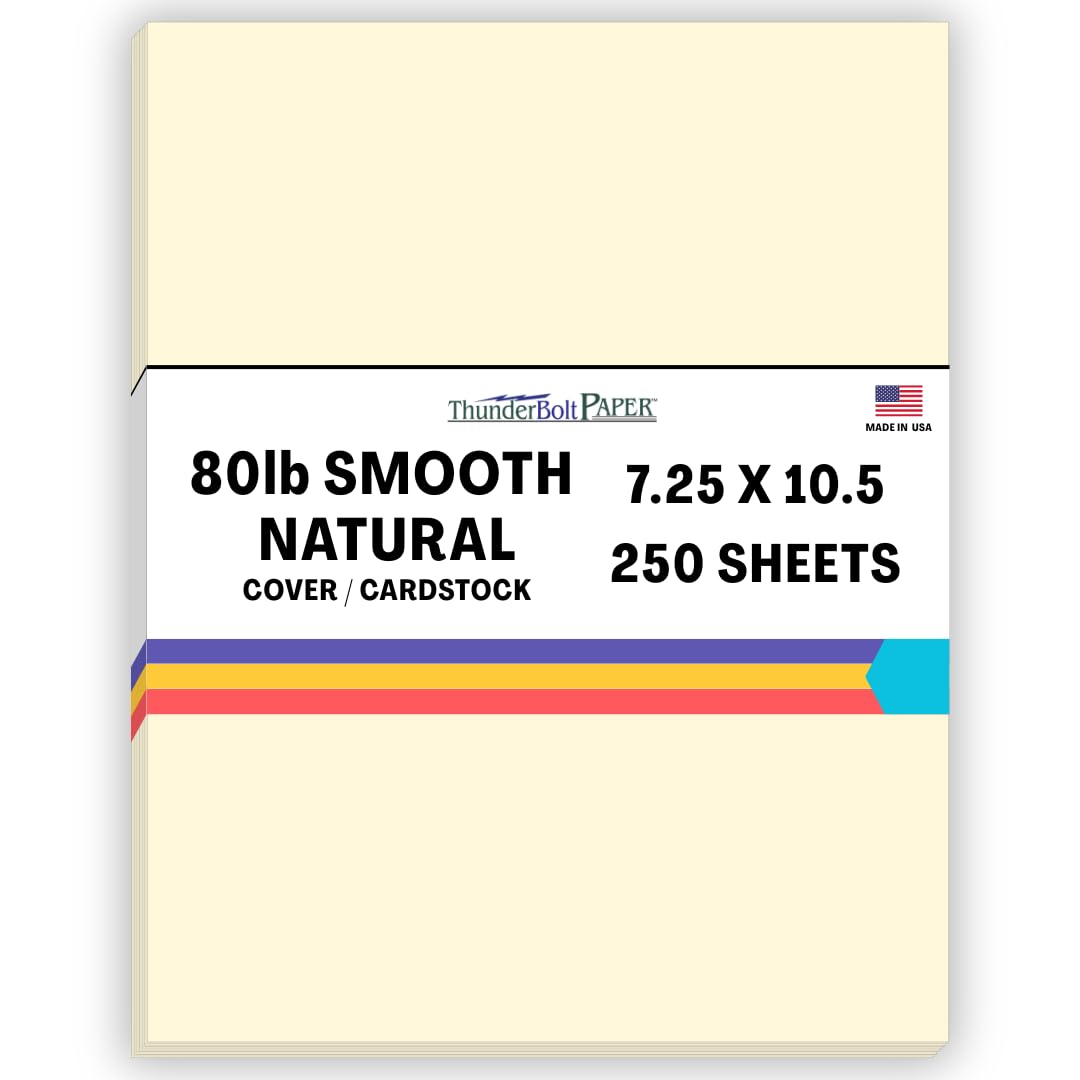 250 Natural Smooth Card Stock Sheets Paper - 7.25 X 10.5 Inches Executive Size - 80# (80 lb/Pound) Cover Weight - Soft Cream White Color - Quality