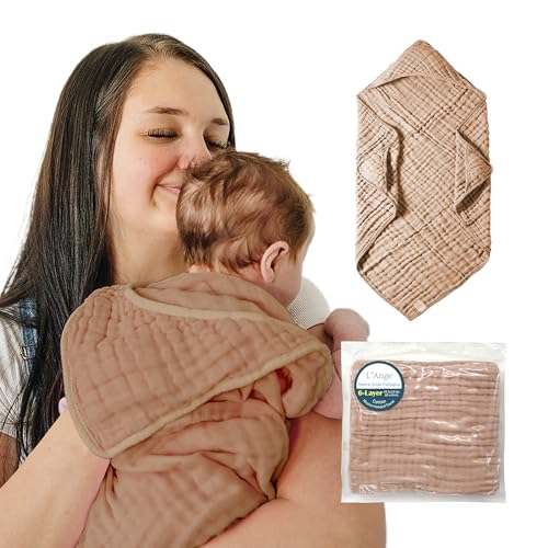Image of L'Ange Muslin Hooded Baby Towel - Infant Bath Towel with Hood for Newborn Babies Boy or Girl - 100% Cotton - Pack of 1 - Ready to Use Medical Grade Packaging - 6 Layers - Light Brown - 31.5x31.5 in