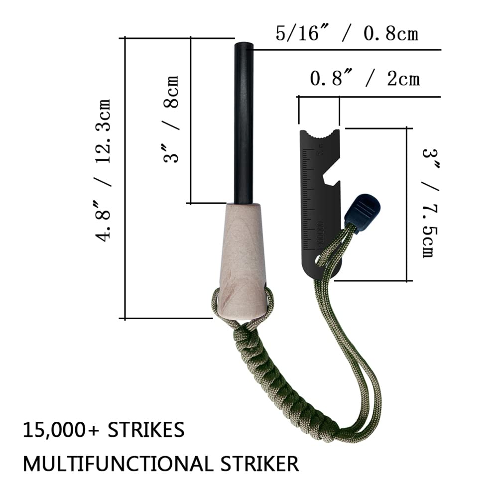 Fire Starter Survival Kit, größere Ferrostange mit Striker Lanyard 7,6 cm langer Feuerstein und Stahl, 35,1 cm Docht Hanfschnur, multifunktionale Tasche (Braun - Mehr Zubehör) | Größere Ferro-Rute mit Schlagband, 7,6 cm langer Feuerstein und Stahl, 35,1 c