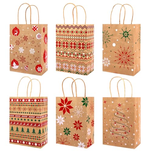 Christmas Kraft Paper Gift Bags with Handles, 12 Paper Party Present Treat Candy Bags for Christmas Party Supplies