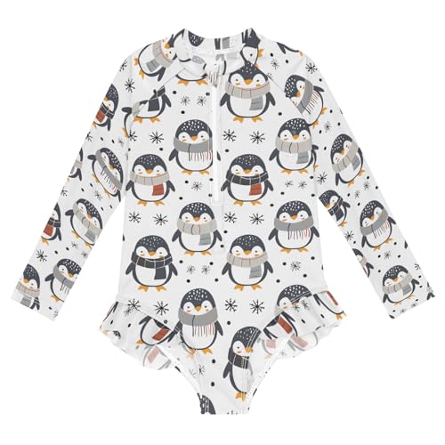 Penguin Snow Seamless Girls Long Sleeve Swimsuit Rash Guard One Piece Bathing Suits Zipper 3-12T
