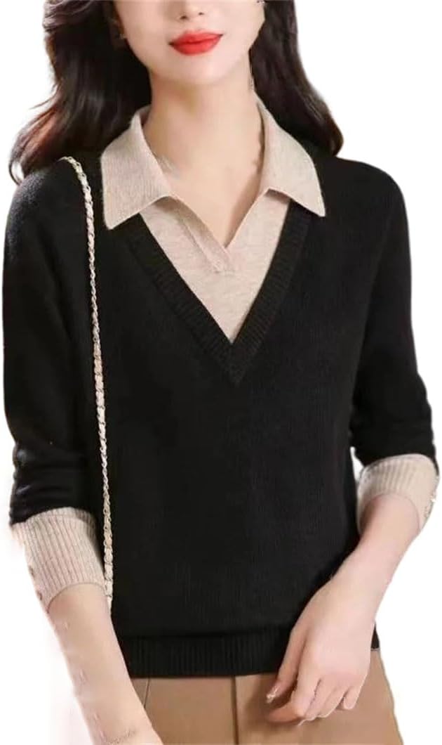 Women's Fall Fake Two Piece Knitted Pullover Sweater Lapel Slim Long Sleeve Base Layer Sweaters