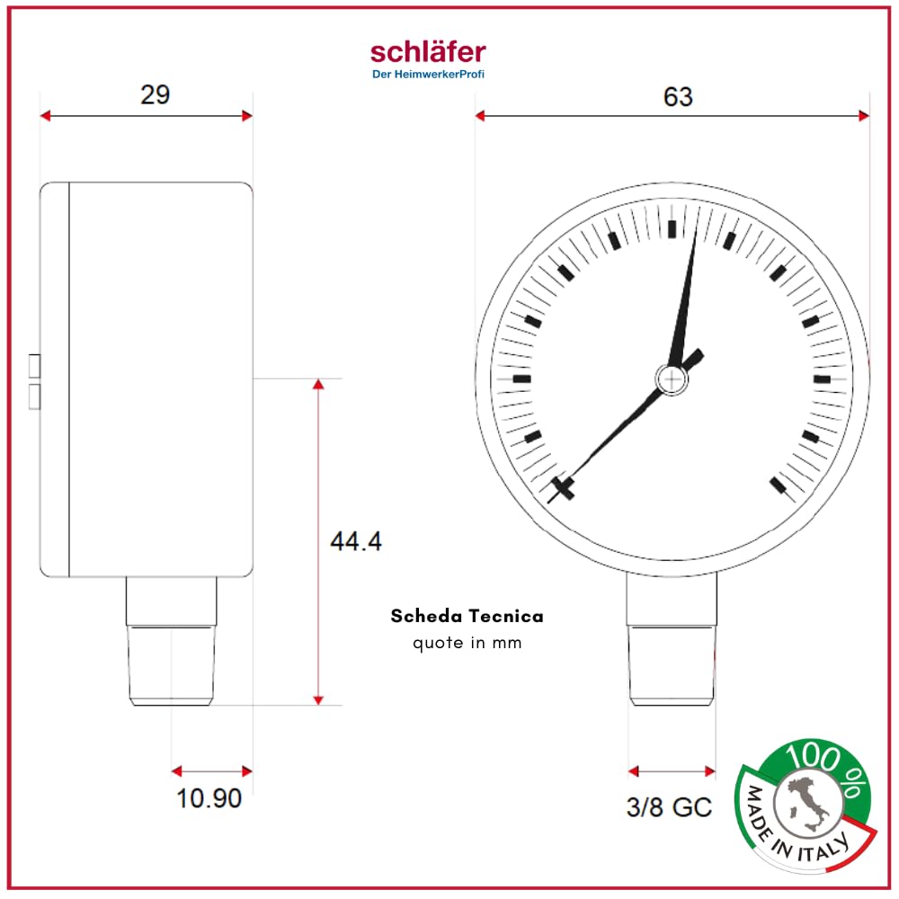 Schläfer 0930161 | Manomètre Vertical de chauffage Ø 63 mm - Connexion radial 3/8" - Échelle 0-4 bar - Aiguille rouge réglable avec zone verte - Précision classe 2,5 - Zone verte 1,5-2,5 bar.