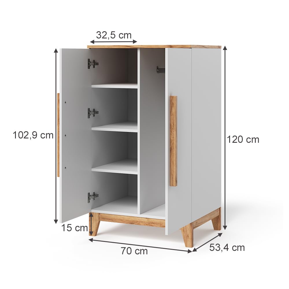VitaliSpa Kinderkleiderschrank Malia, Weiß/Artisan, 70 x 120 cm, zur Aufbewahrung von Kinderkleidung und kombinierbar