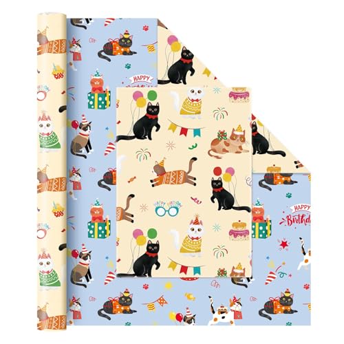 WERNNSAI Cat Gift Wrapping Paper Roll - 1 Roll 17” x 33 ft Cat Wrapping Paper Yellow Kitten Paper for Girls Birthday Baby Shower Party Decor Supply, Reversible