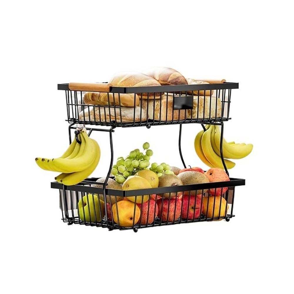 Zhaoj24-05 Fruit Racks Fruit Basket Vegetable , Metal Storage with Hook and Wooden Handle