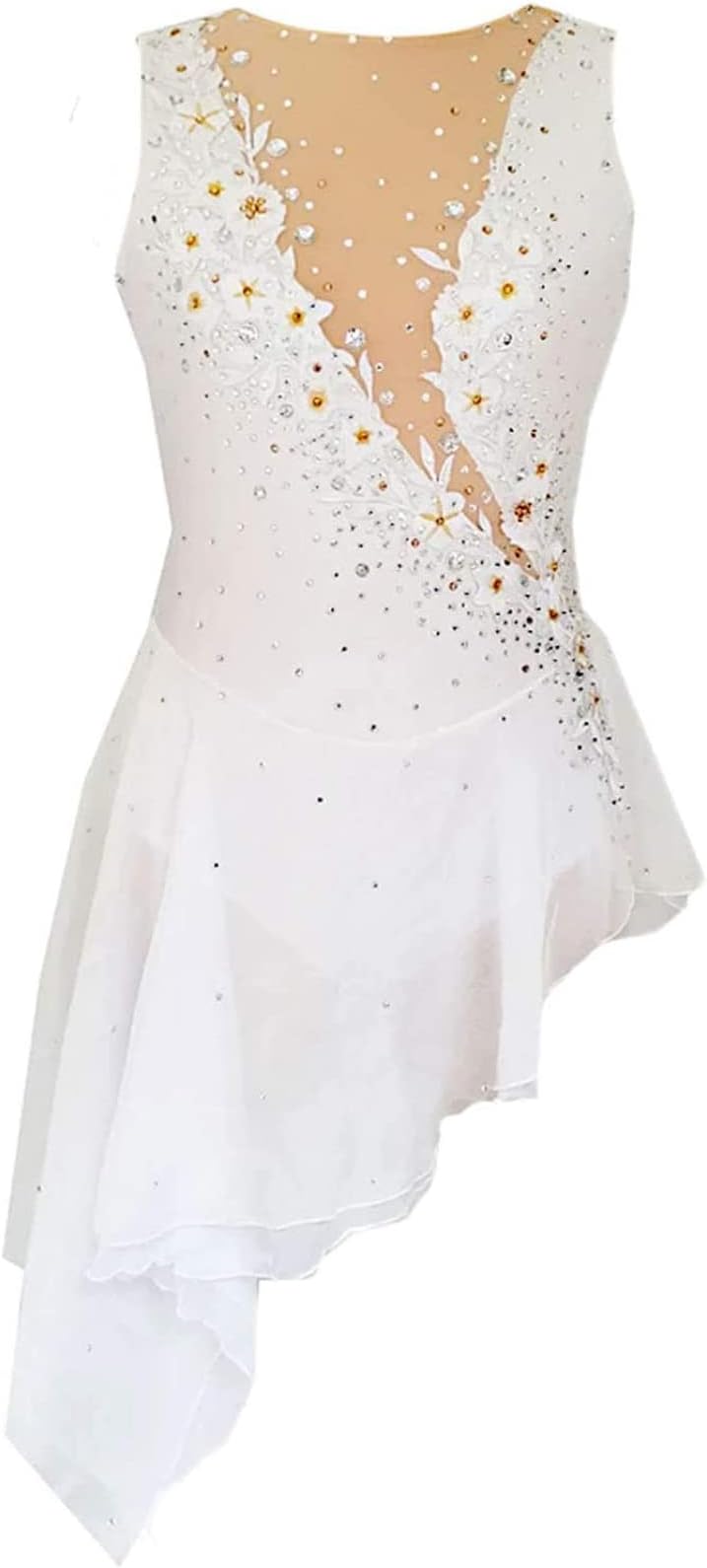 HGWBFB Figure Skating Dress Women Girl Crystal Competition Sleeveless High Elasticity Ice Skating Dress,10Years,White